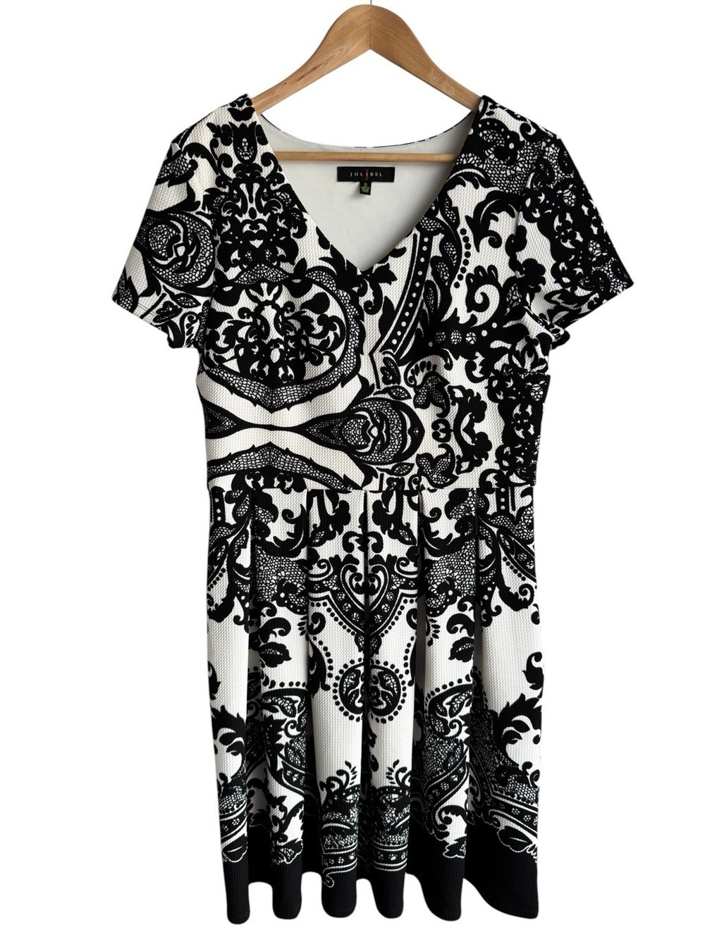 Jolibel Baroque Damask Print Fit and Flare Dress Sz 10 Black White Spring Summer